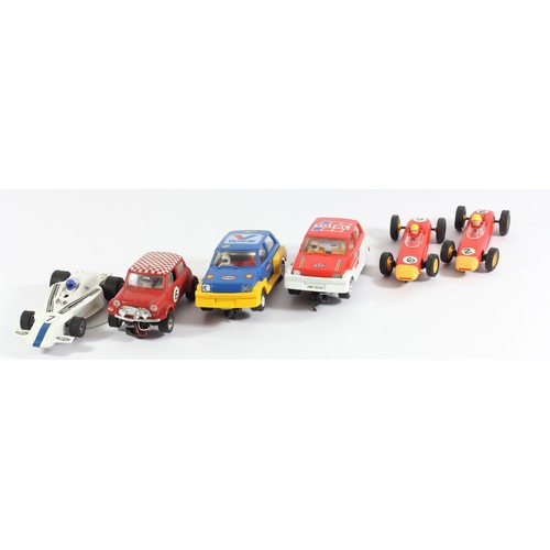 67 - Six Scalextric vehicles, to include :

Tri-ang Porches x 2 (No6 decal, No2 decal)
Rally Mini-Cooper
... 