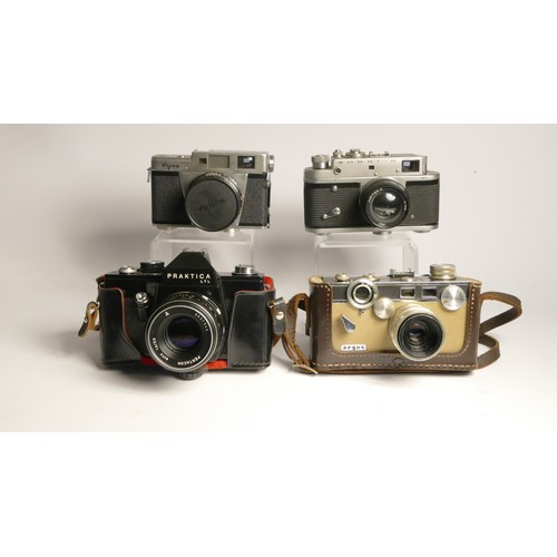 92 - Four 35mm film cameras, to include a Zorki-4 with a Jupiter-8 50mm f2 lens, a Fujica 35-ML, A Prakti... 