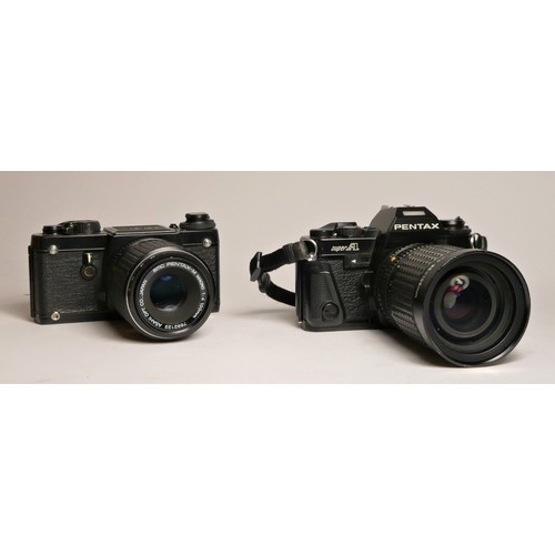 106 - A Pentax LX SLR camera, with a Pentax 100mm F4 Pentax Macro lens, together with a Pentax Super A SLR... 