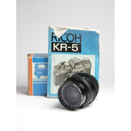 110 - A Ricoh KR-5 SLR camera, with a Ricoh Rikenon XR 55mm f2 lens, together with a Vivitar 28mm f2.0 len... 