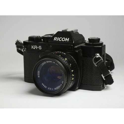 110 - A Ricoh KR-5 SLR camera, with a Ricoh Rikenon XR 55mm f2 lens, together with a Vivitar 28mm f2.0 len... 