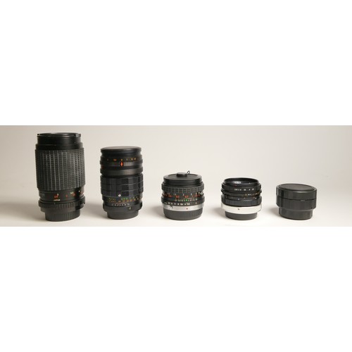 111 - A Clubman MC Auto 20mm f2.8 lens, cased, a Optomax 135mm f2.8 lens (M42 mount), cased, a Sunagor MC ... 