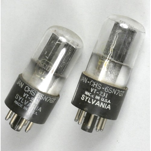 122 - Two Jan Sylvania valve tubes, military grade, made in the USA model numbers 6SN7GT VT231, together w... 