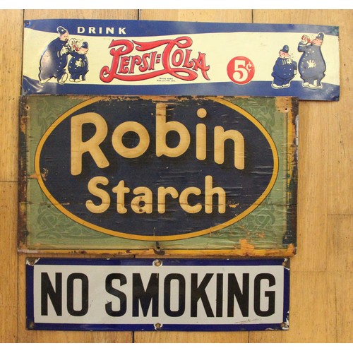 158 - A vitreous enamel single sided No Smoking sign, 46cm x 13cm, a single sided pressed tin Pepsi Cola a... 