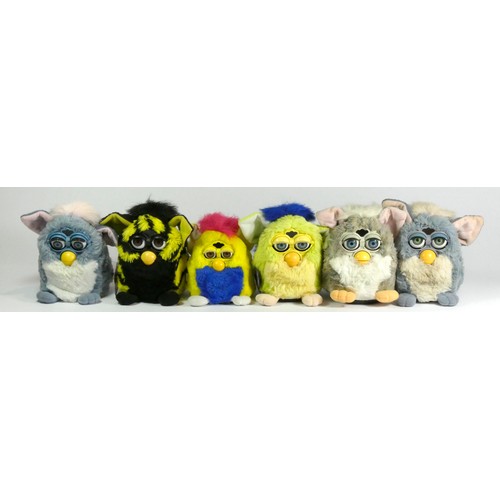 178 - Five Classic Furbies robotic toys, c.1998, all with material tag (one with card tag and purple plast... 