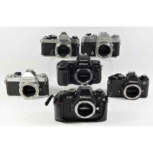 89 - A collection of Nikon 35mm film cameras. to include a Nikon FE Chrome, a Nikon FE Black, Nikon F-501... 