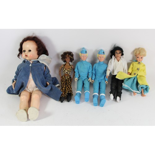 206 - Six dolls, including two Thunderbirds, Michael Jackson, Mel B (Spice Girls) and two others