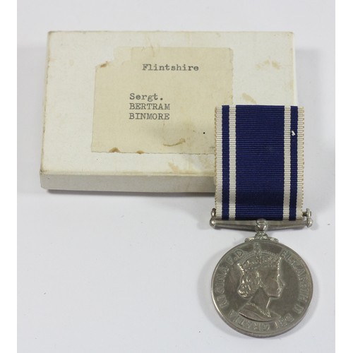 278 - Police Long Service, awarded to Sergt Bertram Binmore, Flintshire, box, together with a pair awarded... 