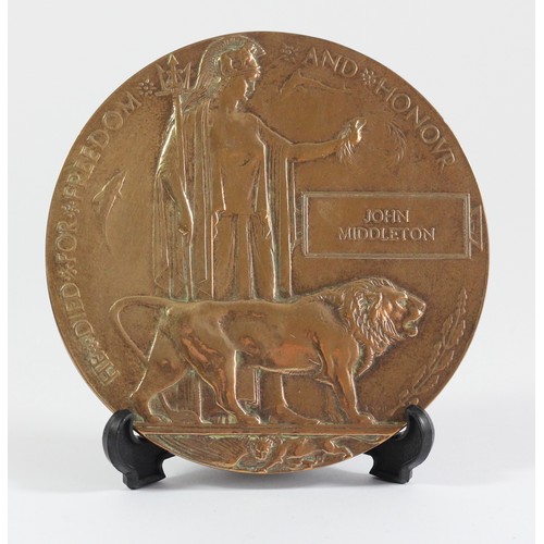 281 - A WWI Death plaque, awarded to John Middleton