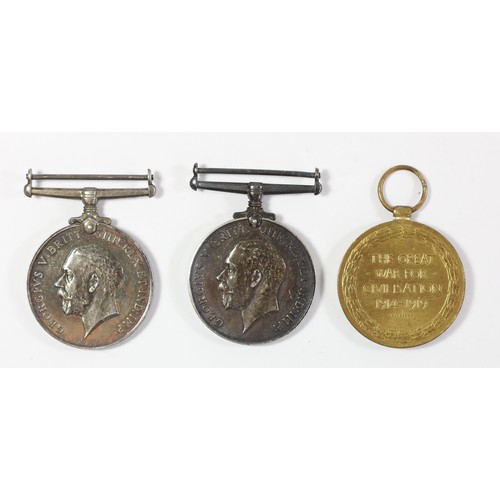 282 - WWI, War medal and Victory medal awarded to 39054 Pte J.J. Parkhouse and War Medal, awarded to 2202 ... 