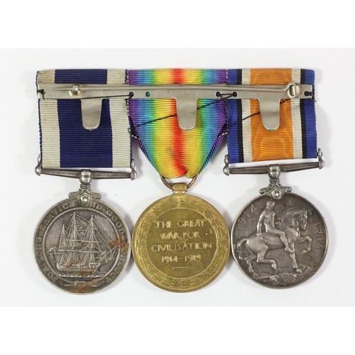 284 - WWI Naval group of three, mounted on a bar, Long Service, H.M.S. Pembroke, Victory and War Medals, a... 