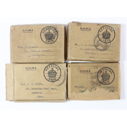 289 - Four boxed WWII War and Defense Medals, addresses in Southport, Kent and Banbury