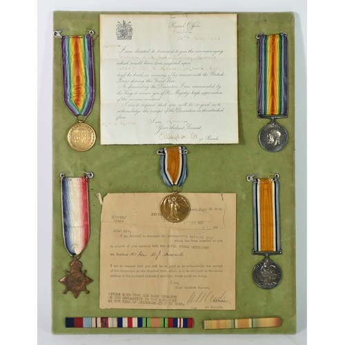 298 - WWI family group, three Victory, War and 1914 - 15 Star awarded to 151 Gnr W.J. Moore R.F.A. with Ar... 