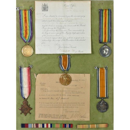 298 - WWI family group, three Victory, War and 1914 - 15 Star awarded to 151 Gnr W.J. Moore R.F.A. with Ar... 