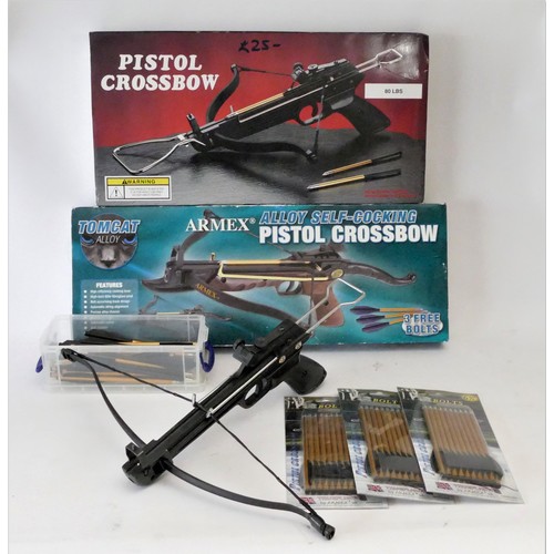 303 - An Armex self-cocking pistol crossbow, boxed, together with two similar crossbows, a collection of 6... 