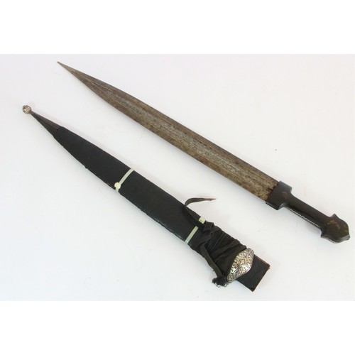 300 - Russian Kindjal dagger, 19th century, broad straight double edge blade deeply cut with chased fuller... 