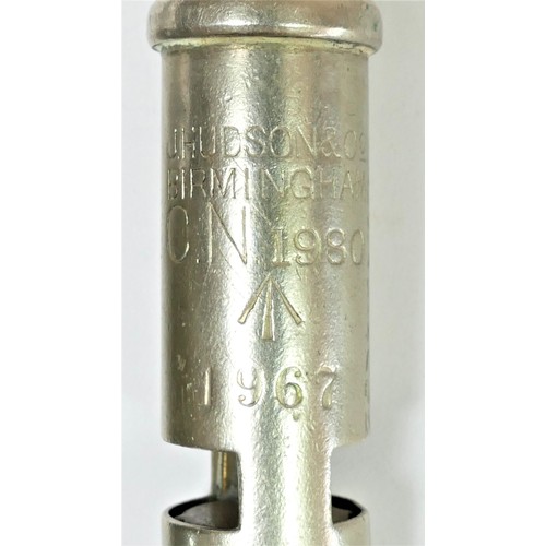 321 - A J. Hudson & Co, Birmingham C.N. 80 whistle, broad arrow and 1967 stamped, together with a The ACME... 