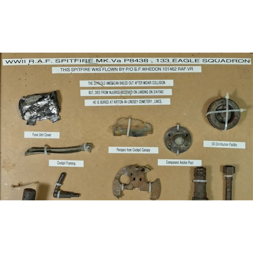 325 - WWII Spitfire Mk Va memorabilia, mounted on a board, stating that the bits were collected from a cra... 