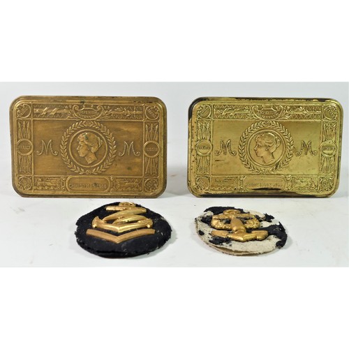 331 - Two Queen Mary Christmas 1914 brass tins and two Naval patches