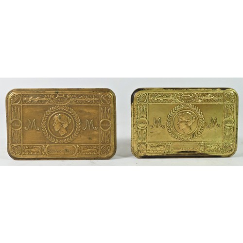 331 - Two Queen Mary Christmas 1914 brass tins and two Naval patches