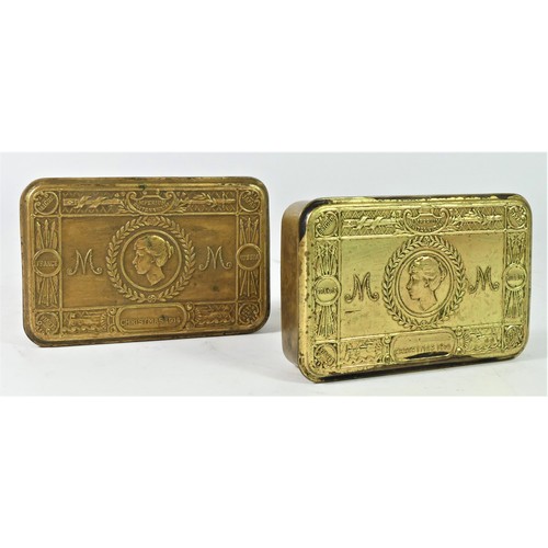 331 - Two Queen Mary Christmas 1914 brass tins and two Naval patches