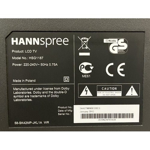 A Hannspree (model HSG1187) 42 inch LCD TV, with remote.