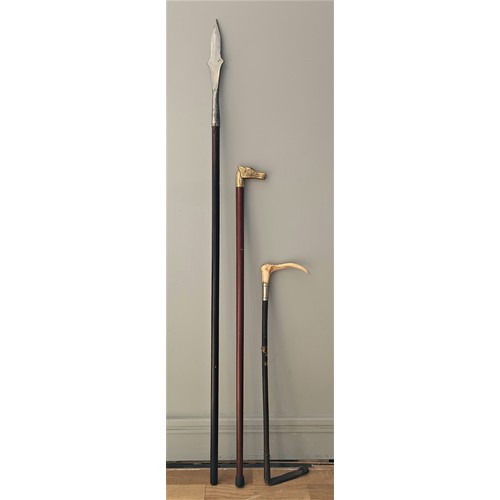 33 - A long handled larp spear, together with a bone handled riding crop and a brass handled walking stic... 