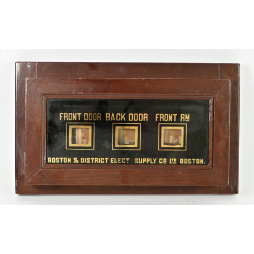 44 - A front and back door bell indictor by Boston & District, stained wood case, hinged glazed door with... 