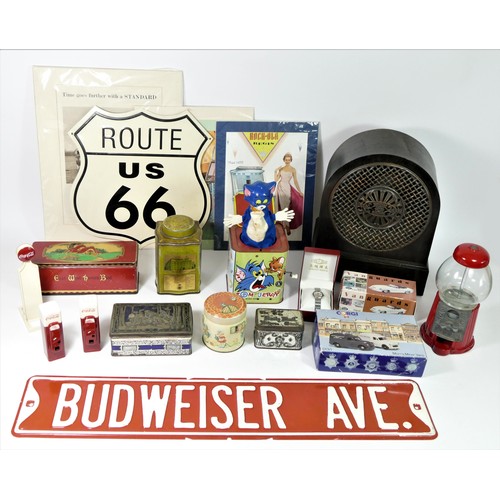 46 - A Budweiser Ave pressed metal street sign, an Amplion Radiolux Model RS Speaker, a Burbank Toys Tom ... 