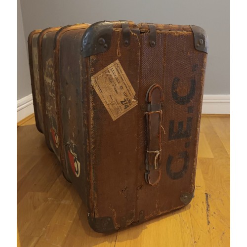 56 - A large travel trunk, wooden band strapping, with Orient Line and London & North Eastern Railways 