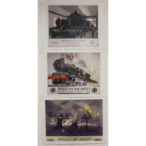 39 - Three unframed railway poster prints, Building an Engine (L.M.S), Speed to the West (G.W.R) and Serv... 