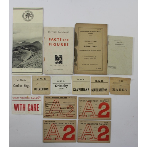 49 - Eleven G.W.R luggage labels, four railway booklets (L.M.S/B.R/ Snowdon Mountain RY/Carriages) and tw... 