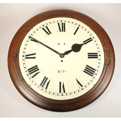 51 - A 17 inch mahogany round case fusee railway clock, with a rectangular plated chain driven English fu... 