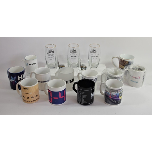 57 - A collection of modern railway mugs and glasses to include, Arriva, Siemans, Transpennine, North Eas... 