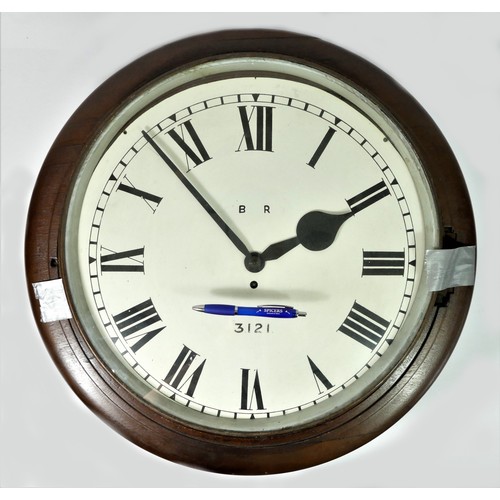 51 - A 17 inch mahogany round case fusee railway clock, with a rectangular plated chain driven English fu... 