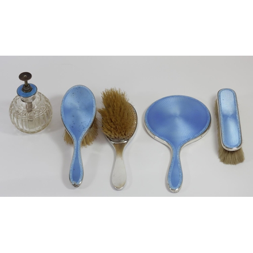 4 - A silver and blue guilloche enamel four piece dressing table set, by Richard Comyns, London 1927, to... 