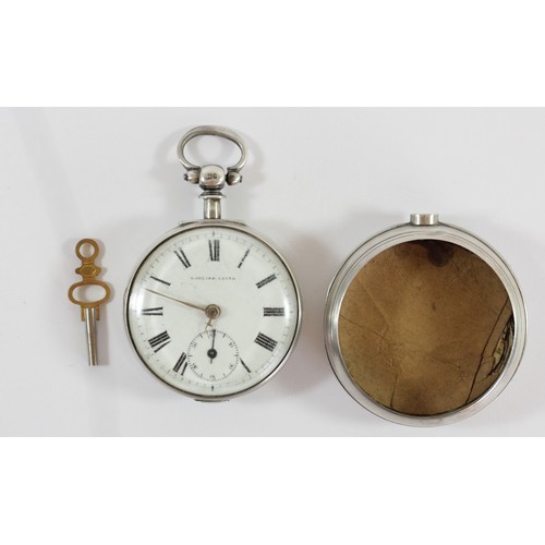 80 - A Victorian silver pair cased English lever pocket watch, Birmingham 1867 (top loop 1878), white ena... 