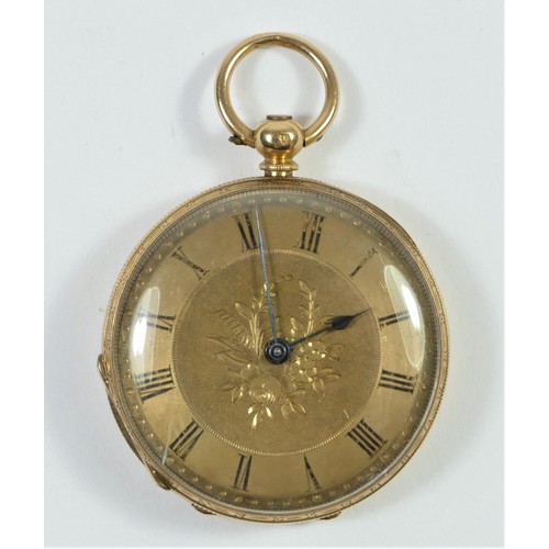 83 - An 18k gold open face keywind pocket watch, spares or repair 35mm.