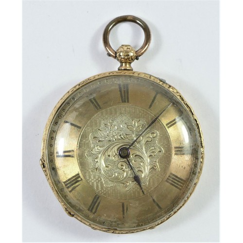 84 - An 18k gold open face keywind pocket watch, spares or repair 35mm.