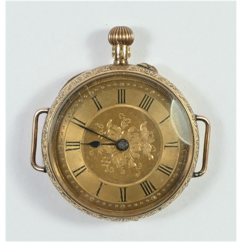 85 - A 14k gold open face keyless wind pocket watch, converted to a wristwatch spares or repair 32mm.