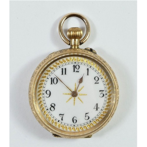 86 - An 18k gold open face keyless wind pocket watch spares or repair 32mm, overall weight 28g