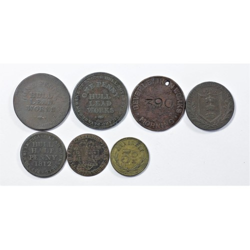 122 - Tokens; Hull Lead Works, one penny 1812 x 2, half penny 1812, Hull Half penny 1791, C.H. Barron, Hul... 