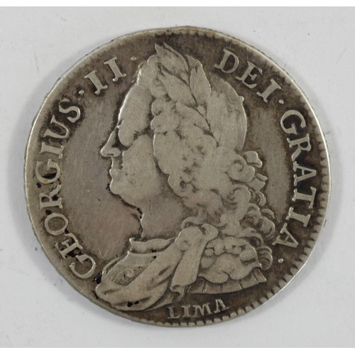 129 - George II, half crown, 1745, LIMA below bust, F
The word 