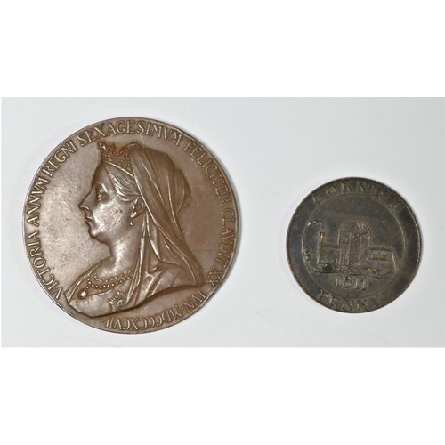 137 - Victoria, Diamond Jubilee, 1897, a bronze medal by G.W. de Saulles, veiled bust left, Corish penny, ... 
