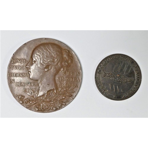 137 - Victoria, Diamond Jubilee, 1897, a bronze medal by G.W. de Saulles, veiled bust left, Corish penny, ... 