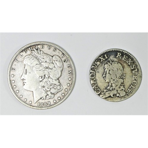 138 - Sweden, Karl XI, 1671, 2 marks, together with USA one dollar 1889 (2).