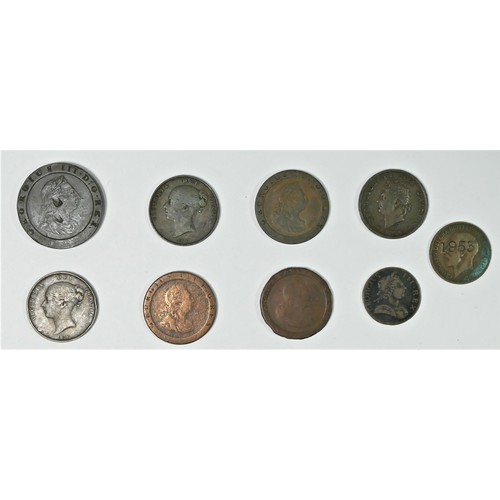 139 - George III two penny, 1797, one penny x 3, George IV, penny, 1826, Victoria, penny, 1854, 1856, Geor... 