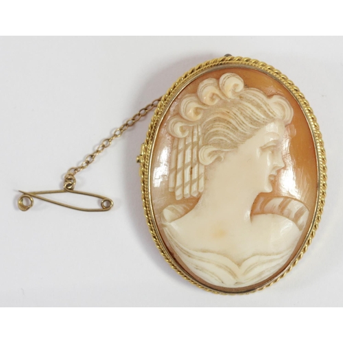 157 - A 9ct gold mounted oval shell cameo brooch, depicting a lady in profile, the rope twist frame stampe... 