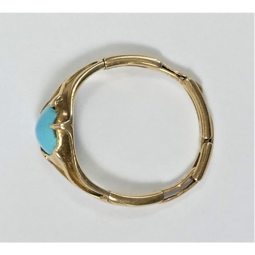160 - An 18ct gold Art Nouveau turquoise expending ring, claw set with a heart shape stone, sinuous should... 