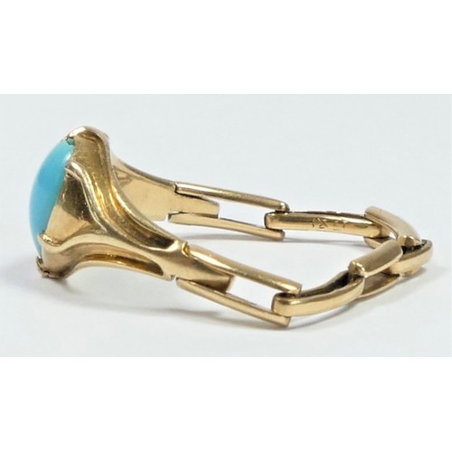 160 - An 18ct gold Art Nouveau turquoise expending ring, claw set with a heart shape stone, sinuous should... 